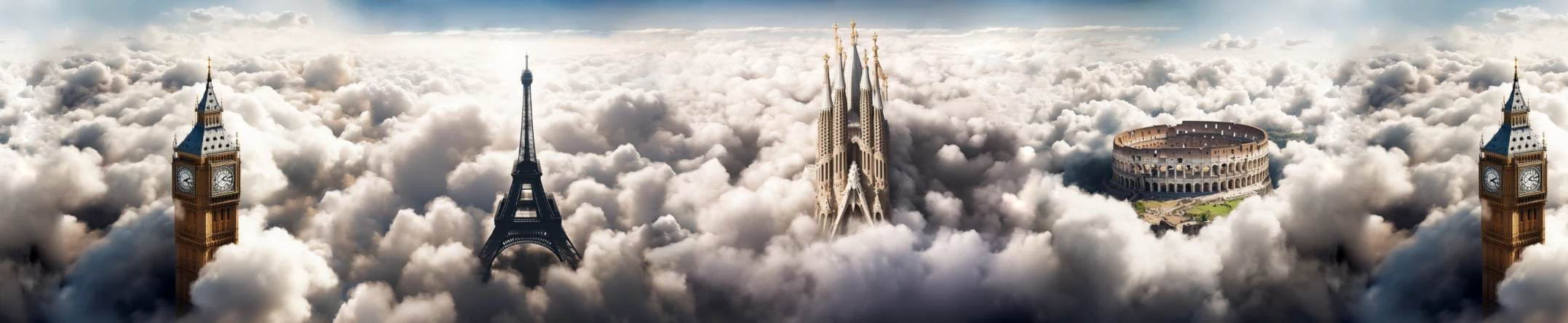 Изображение основных достопримечательностей Европы на фоне облаков